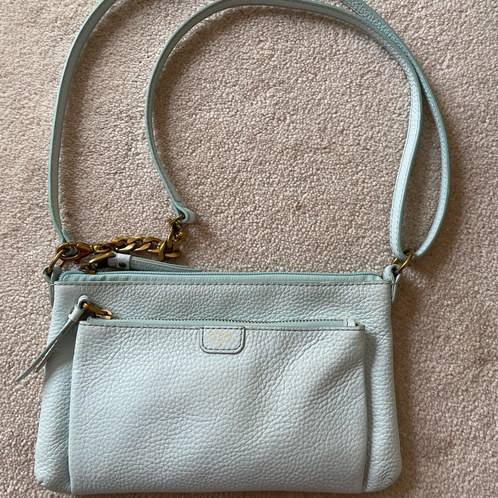 Light Blue Leather Crossbody Bag with Front Zip Pocket